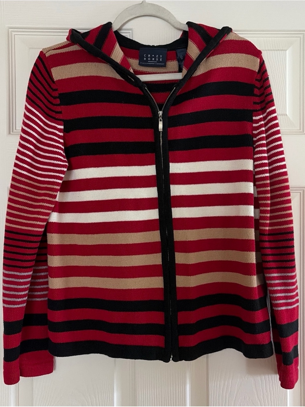 Crazy Horse Striped Zip Front Hooded Colorful Sweater Size